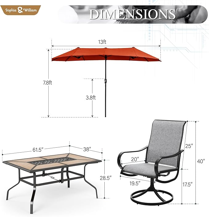 Sophia & William Patio Set with Umbrella Patio Dining Set for 6 with 13ft Rectangle Patio Umbrella Red, 6 x Patio Chairs Grey, 1 Wood Like Outdoor Dining Table with Umbrella Hole for Lawn Garden