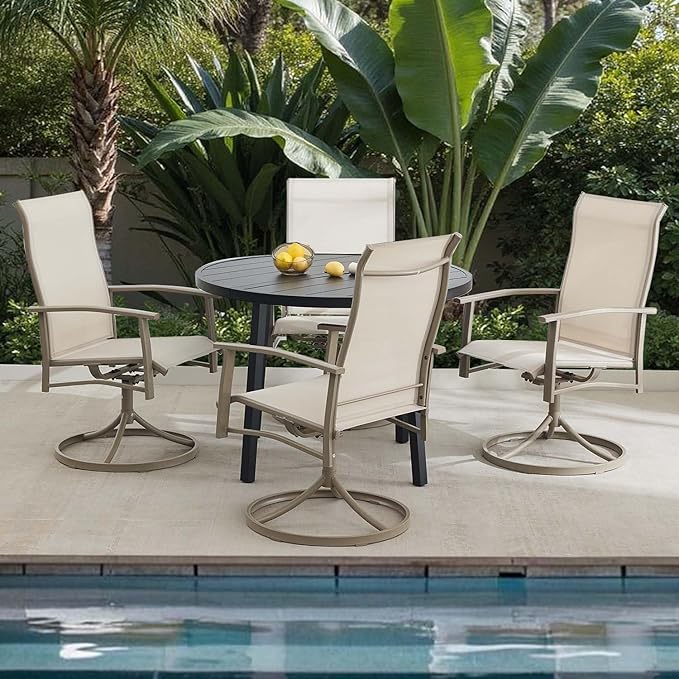 Patio Swivel Chairs Set of 6, Outdoor Swivel Chairs with Armrest, High Back Patio Chair with Metal Frame, All-Weather Outdoor Dining Chair for Deck, Porch and Lawn, Ivory Beige