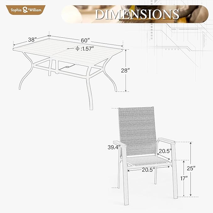 Sophia & William Patio Table and Chairs Set 7 Pieces, 6 Aluminium Patio Dining Chairs with 60" x 38" Metal Dining Table, Stackable and Easy to Move for Outdoor Garden Lawn (Blue)