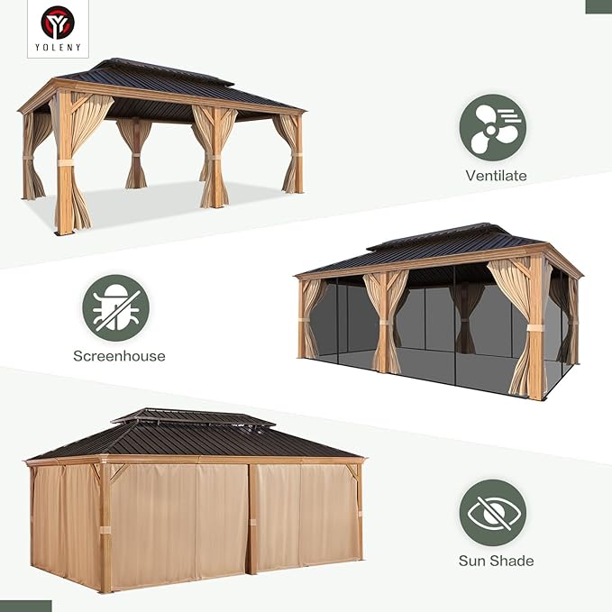 YOLENY 12'x20' Gazebo, Galvanized Steel Double Roof with Wood Grain Aluminum Frame, Outdoor Permanent Metal Pavilion with Curtains and Nettings for Patio, Backyard and Deck