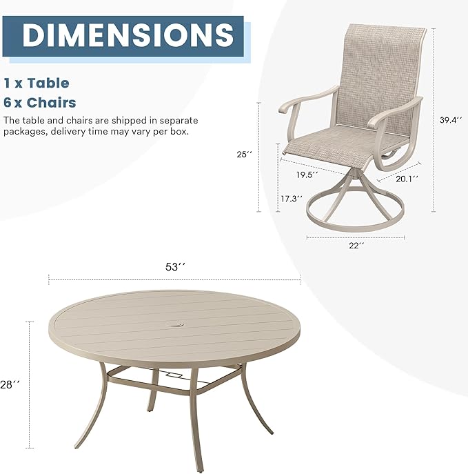 DIFY 7 Pieces Outdoor Patio Dining Set, 6 Sandshell Textilene Swivel Dining Chairs and 53" Sandshell Round Metal Dining Table, Outdoor Table and Chairs