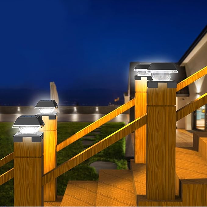 INDARUN Solar Post Cap Lights, Solar Fence Deck Post Lights Outdoor Fit 4x4 5x5 6x6 Wood Posts, Vinyl 4x4 Post Caps, 120 Lumen, Cool White & Warm White, Landscape Lighting for Patio, Porch, Yard