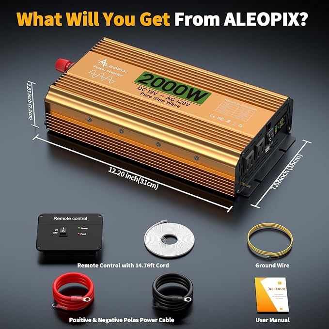 2000 Watt Inverter 12V DC to 110V/120V AC, Pure Sine Wave Inverter for Truck/RV/Home/Solar/Off-Grid, Surge 4000W Pure Sine Power with 2 AC Sockets, 5V 3.4A USB, Digital Display, Remote Controller