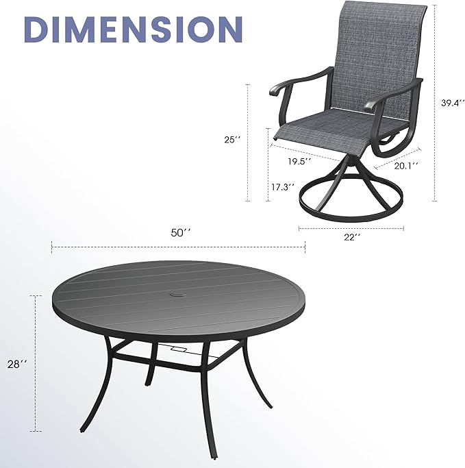 VICLLAX 7 Pieces Outdoor Dining Set, Patio Furniture Set of 6 Patio Swivel Dining Chairs and 50" Patio Round Table for Backyard, Dark Charcoal Chairs & Black Tabletop