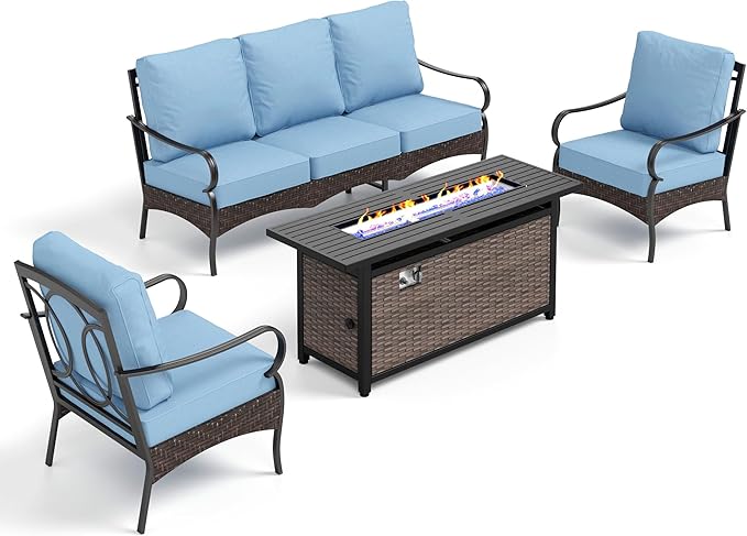 Patio Furniture Set with 56" Fire Pit Table, Premium Outdoor Wicker Metal Frame Furniture with Upgraded Waterproof Thick Cushions for Porch, Poolside, Deck, and Yard (4 Pieces,Blue)