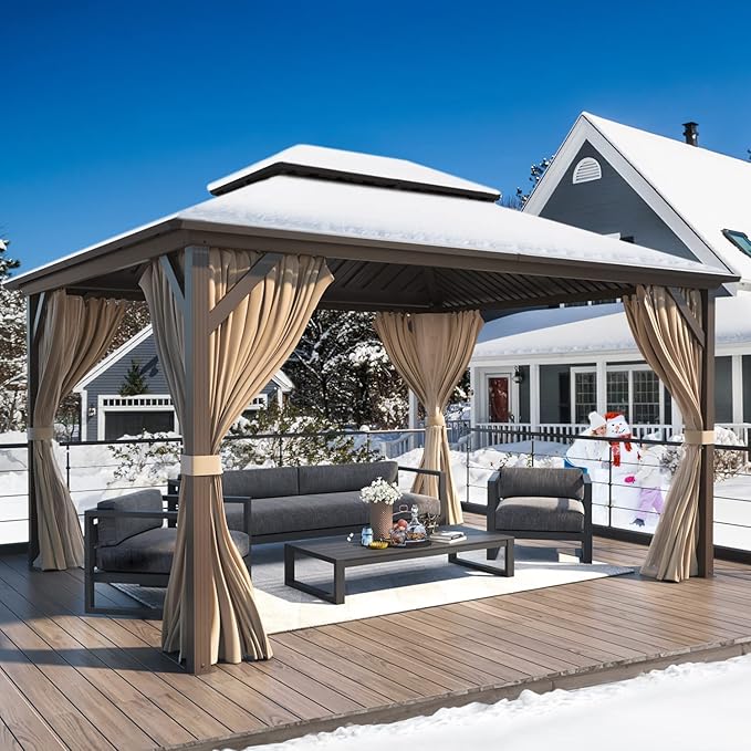 YOLENY 10' x 12' Hardtop Gazebo with Double Galvanized Steel Roof, Pergolas Aluminum Frame, Curtains and Netting Included, Metal Outdoor Gazebos for Patios, Garden, Lawns, Parties