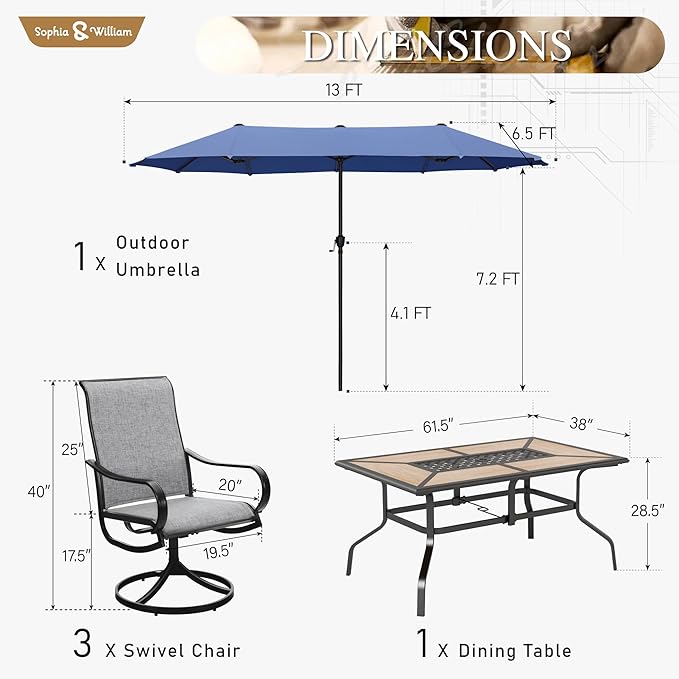 Sophia & William Patio Set with Umbrella Patio Dining Set for 6 with 13ft Rectangle Patio Umbrella Navy, 6 x Patio Chairs Grey, 1 Wood Like Outdoor Dining Table with Umbrella Hole for Lawn Garden