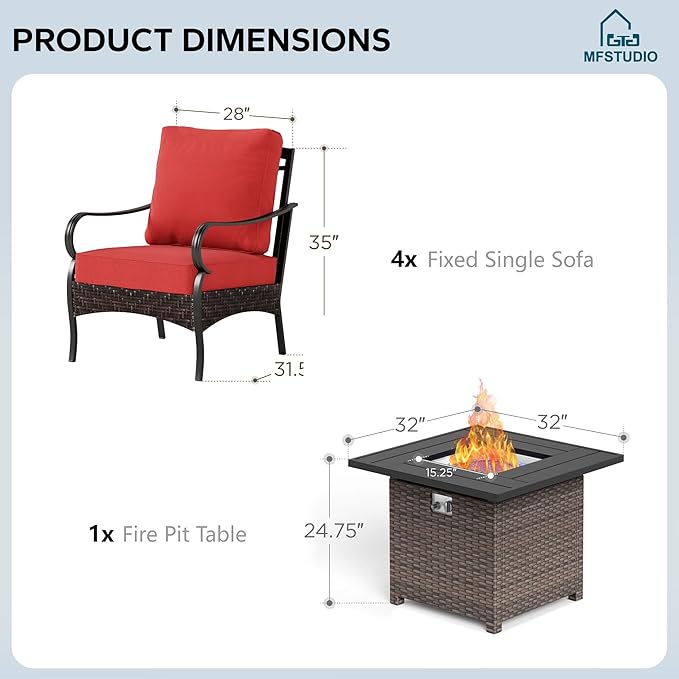 MFSTUDIO 5 Pieces Outdoor Patio Furniture Set, Metal Outdoor Conversation Sofa, Rattan Wicker Patio Sectional Sofa Set with 4 x Fixed Single Sofa, 1 x Fire Pit Table, Red