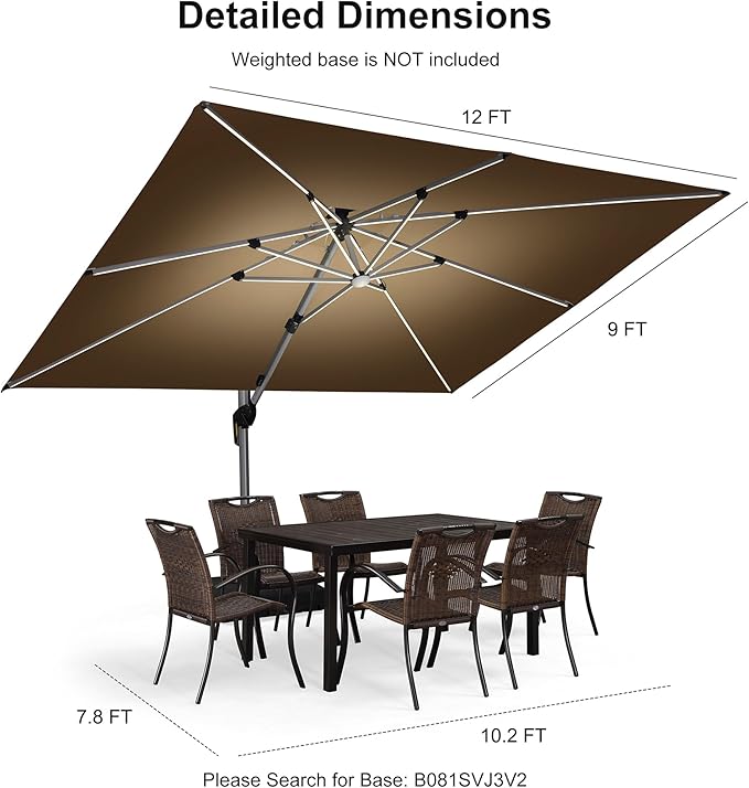 PURPLE LEAF 9' X 12' Double Top Deluxe Solar Powered LED Rectangle Patio Umbrella Offset Hanging Umbrella Outdoor Market Umbrella Garden Umbrella, Beige
