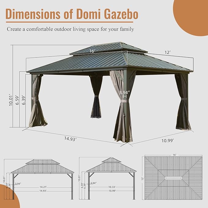 Domi 12' x 16' Hardtop Gazebo Permanent Metal Gazebo with Galvanized Steel Double Roof Canopy, Curtains, and Netting for Patio Lawn and Garden, Grey