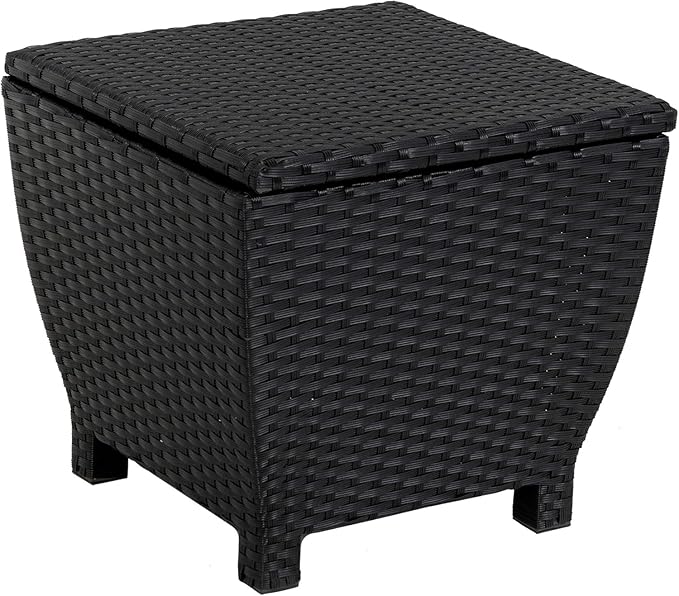 Sundale Outdoor Small Deck Storage Box with Lid, 13 Gallon Small Outdoor Bin Storage Container for Hose Cushions Towels, Patio Black Side Wicker Table with Storage-Steel, Rattan, Square