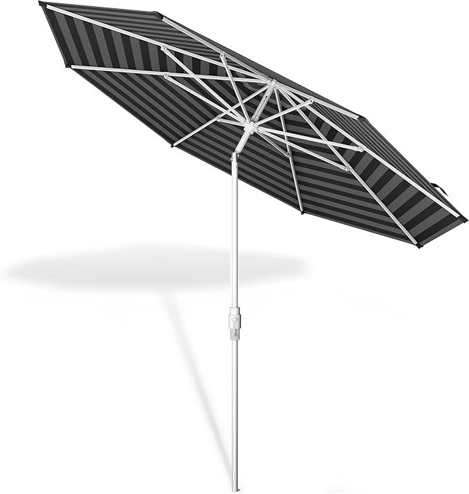 Midtown Umbrellas The Swilt 9 Feet Patio Umbrella in Sunbrella Black & White Acrylic Fabric - Fiberglass Ribs, Auto-Tilt Aluminum Frame For Backyard, Deck, Garden, Pool - White Pole