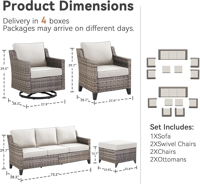Patio Furniture Set, 7 Pieces Outdoor Wicker Rattan Sofa Couch with Swivel Rocking Chair, Ottomans and Comfy Cushions, All Weather Outdoor Conversation Sets, Suit for Porch Deck