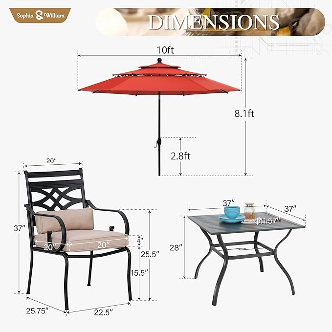 Sophia & William Patio Dining Set with Umbrella 6 Pieces, Outdoor Table and Chairs with 10ft Patio Red Umbrella(No Base), Weather-Resistant for Garden, Backyard, Lawn, Balcony