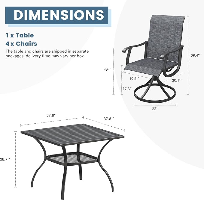 DIFY 5 Pieces Outdoor Patio Dining Set for 4, 37.8" Black Metal Square Dining Table and 4 Dark Grey Textilene Patio Swivel Chairs, Outdoor Table and Chairs