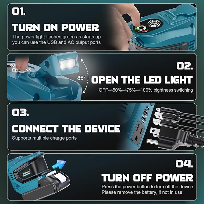 2PCS 200W Power Inverter Compatible with Makita, DC 18V to AC 110-120V Battery Inverter, Portable Battery Adapter Phone Charger Converter with 2 USB & 1 Type-C & 1 AC Outlet (Tool Only)