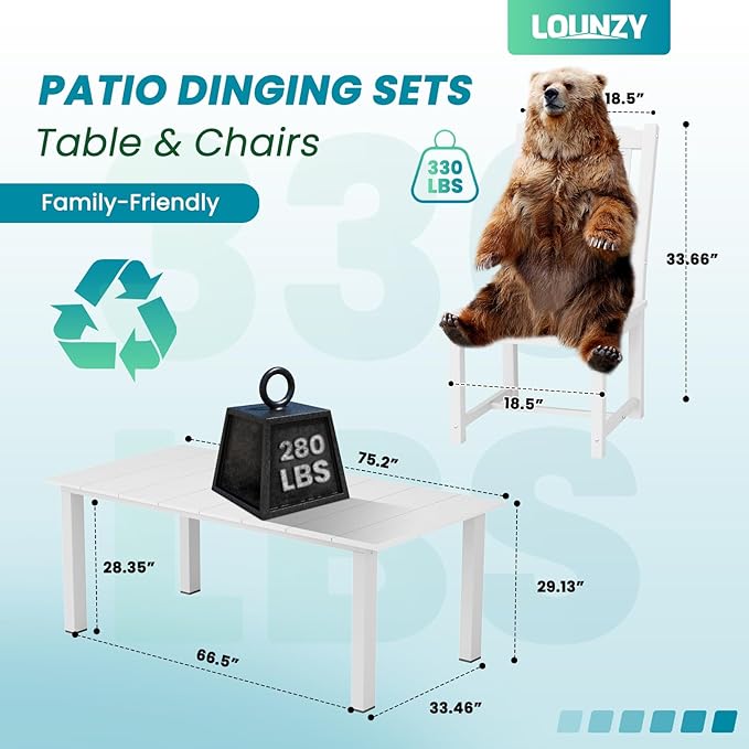 LOUNZY 9 Pieces Patio Dining Sets, Outdoor HDPE Furniture Set for 8 w/ 2" Hole Cut-Out Dining Table 75.2in with 8 Patio Chairs(2 W/Armrest, 6 w/o Armrest), White