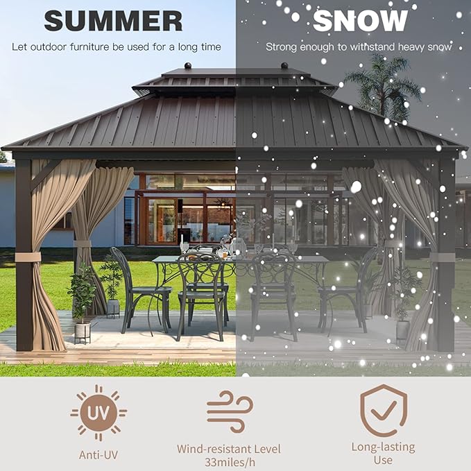 EROMMY 10'x13' Hardtop Gazebo Double Roof Galvanized Steel Canopy Outdoor Aluminum Frame Permanent Metal Pavilion with Netting and Curtains for Patio Backyard Deck and Lawns