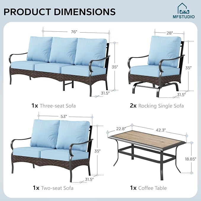 MFSTUDIO 5 PCS Outdoor Patio Furniture Set, Metal Outdoor Conversation Set, Rattan Wicker Patio Sectional Sofa Set with 2 x Rocking Single Sofa, 2-Seat and 3-Seat Sofa, 1 x Coffee Table, Blue