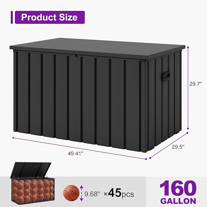 PURPLE LEAF Outdoor Deck Box 160 Gallon Waterproof Lockable Storage Box Container with Lid Deck Organization for Patio Cushions Side Table Pool Accessories Garden Tools, Gray