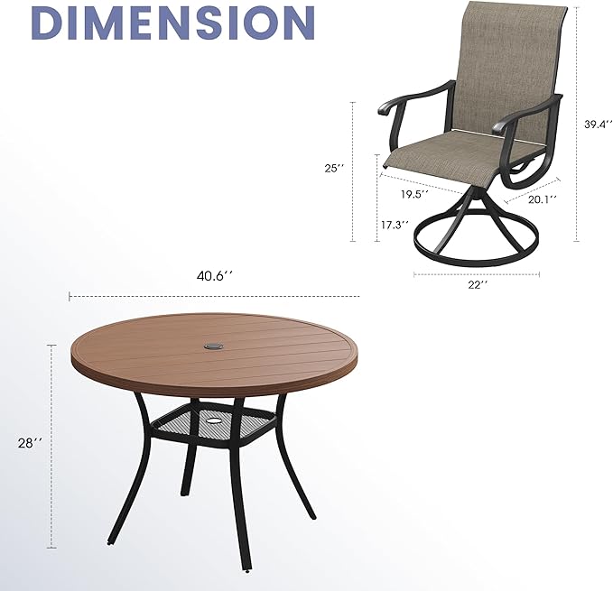VICLLAX 5 Pieces Outdoor Dining Set, Patio Furniture Set of 4 Patio Swivel Dining Chairs and 41" Patio Round Table with Storage Shelf, Dark Charcoal Chairs & Walnut Tabletop