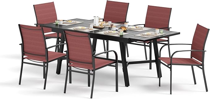 Outdoor Dining Chairs Red Set of 6,61.4x37.4x29.5” Rectangular Dining Table(Extendable),Patio Dining Set 7 PCS,Patio Dining Set for Outdoor Kitchen Lawn Garden,Bistro,Deck.