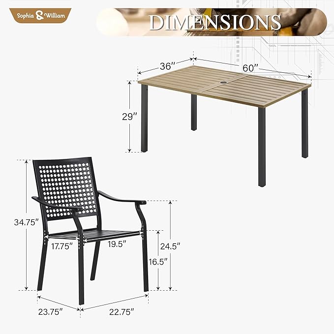 Sophia & William Patio Table and Chairs Set, Outdoor Dining Set for 6, 7 Piece Metal Patio Furniture, 60" Rectangular Table with Wood-Like Tabletop(Beehive)