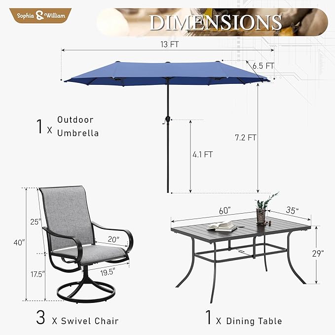 Sophia & William 8-Piece Outdoor Dining Set with 13ft Large Patio Umbrella - Navy, 6 x Grey Swivel Patio Chairs & 59" Dining Table for Lawn Garden