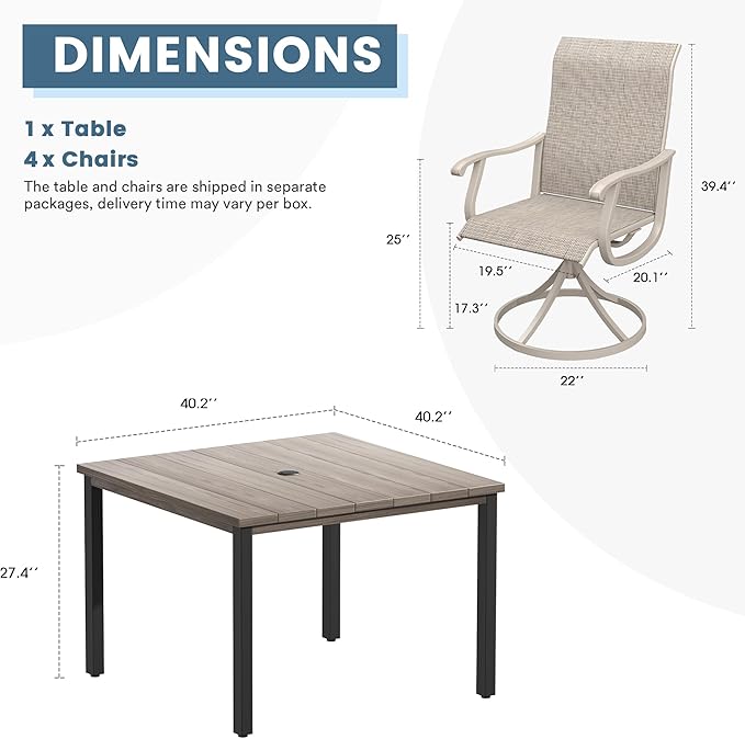 DIFY 5 Pieces Outdoor Patio Dining Set for 4, 40.2" Metal Square Dining Table and 4 Sandshell Textilene Swivel Dining Chairs, Outdoor Table and Chairs
