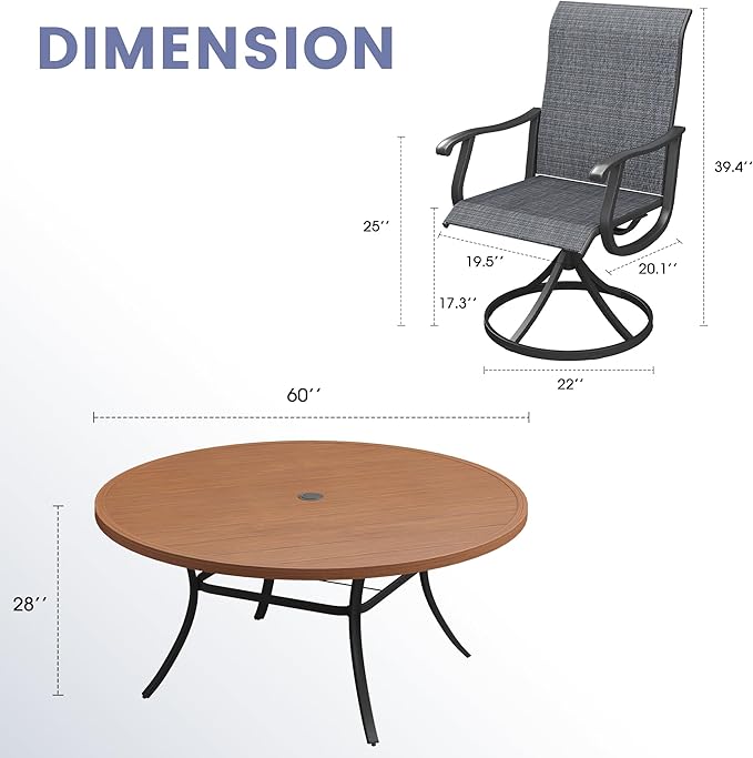 VICLLAX 9 Pieces Outdoor Dining Set, Patio Furniture Set of 8 Patio Swivel Dining Chairs and 60" Patio Round Table, Dark Charcoal Chairs & Walnut Tabletop