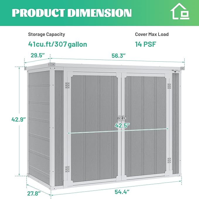 Seizeen 41 Cu.Ft Resin Shed with Floor, 4.7x2.5 FT Outdoor Horizontal Storage Shed for Trash Cans and Garden Tools, Waterproof Outdoor Plastic Shed for Lawn Mower, Pool Toys, Bicycle (Light Gray)