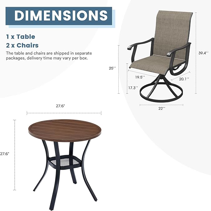 DIFY 3 Pieces Outdoor Patio Bistro Dining Set, 2 Brown Textilene Swivel Dining Chairs and 27.6" Walnut Small Round Dining Table, Outdoor Table and Chairs