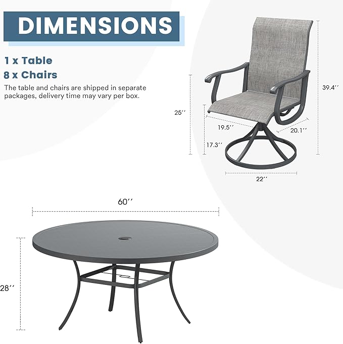 DIFY 9 Pieces Outdoor Patio Dining Set, 8 Grey Textilene Swivel Dining Chairs and 60" Grey Round Metal Dining Table, Outdoor Table and Chairs