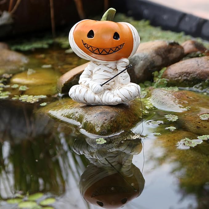 Fishing Pumpkin Head Mummy Statue Funny Halloween Decorations, 3.15 Inch Cute Sitting Figurine Shelf Sitter Resin Sculpture for Outdoor Garden Yard Lawn Pond Waterfalls Pool Ornaments