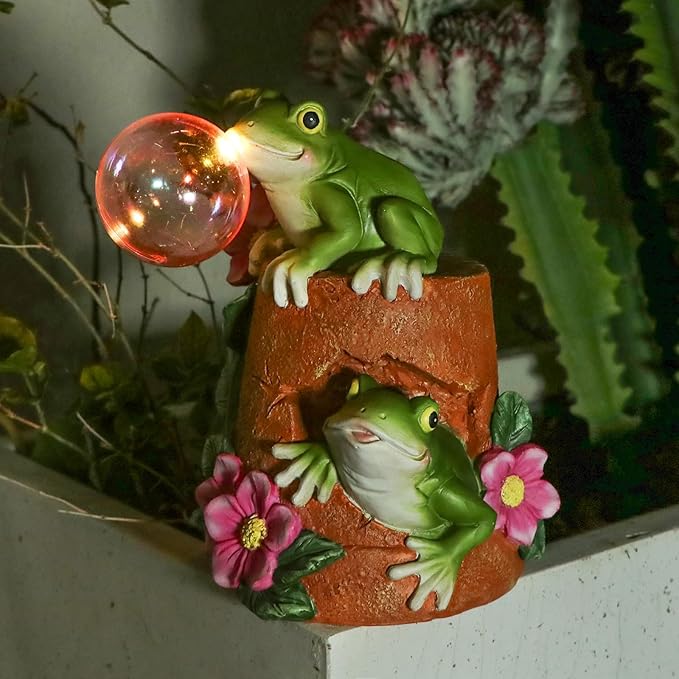 Afirst Solar Garden Outdoor Statues Frog Solar Garden Statue Blowing Bubble with Flowers Waterproof Resin Figurines Yard Outdoor Decorations for Patio Yard Lawn Ornament Gifts