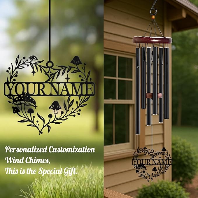 Personalized Customize Name Fantasy Mushroom Wonderland Wind Chime, Metal Iron 37 Inch Outdoor Memorial Gift for Garden Yard Patio Home Decor, Black (Style F)