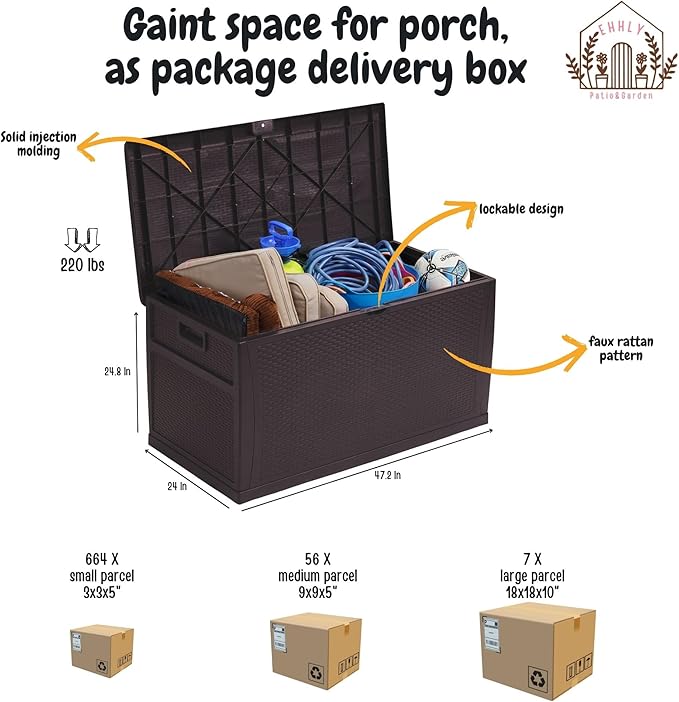 121 Gallon Outdoor Storage Box Large, Lockable Outside Storage Containers Waterproof Patio Cushions Storage Deck Boxes, Rattan Plastic Garden Hose Storage Boxes Resin Pool Storage Bins, Brown