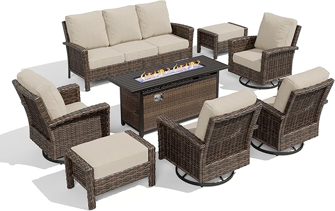 HERA'S HOUSE 8-Piece Outdoor Furniture Set with Fire Pit Table, Patio Conversation Set with 5.5" Thick Cushions & High Back Swivel Chairs, All-Weather Wicker Deep Seating Sofa with Ottomans, Beige