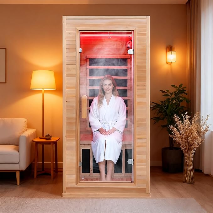 Far Infrared Sauna Home 1 Person, Sauna Spa Room Canadian Hemlock Wood 1340W 120V Low EMF with 7-Color Light Therapy, Control Panel, Bluetooth Speakers, Dual Tempered Glass Door