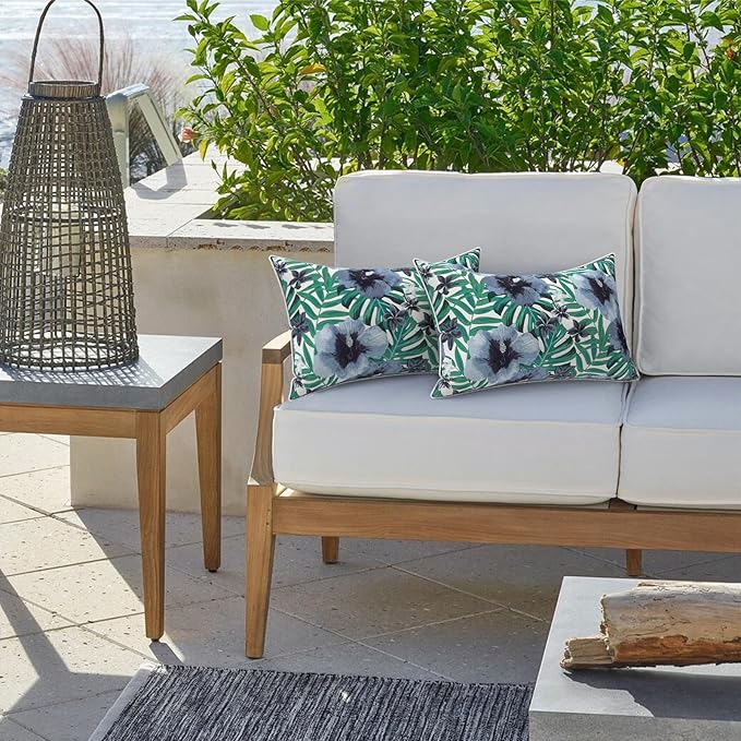 LVTXIII Set of 2 Outdoor Lumbar Pillows for Patio Furniture with White Piping, 12"x20" Fade Resistant Patio Lumbar Pillows with Inserts for Home Coach Sofa Use, Blue Salmone Tropical