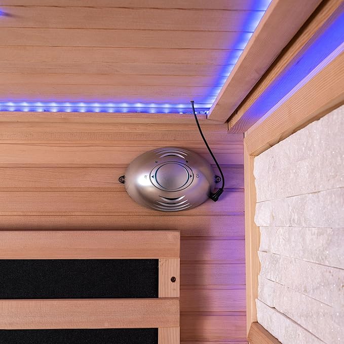 Woodbridge Infrared Home Sauna Room 2 Person Hemlock Wooden Indoor Sauna,7 Carbon 2230W/120V Heaters,with Led Color Therapy Light,Bluetooth Speaker,Tempered Glass,Touch-Tone Keypad and A Top Vent