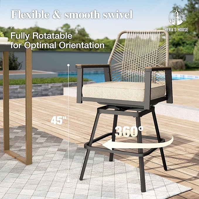 HERA'S HOUSE Outdoor Swivel Bar Stools Set of 4, High Top Patio Chairs with All Weather Cushion Pro Fabric, Bistro Set for Backyard, Lawn Garden, Balcony,Poolside