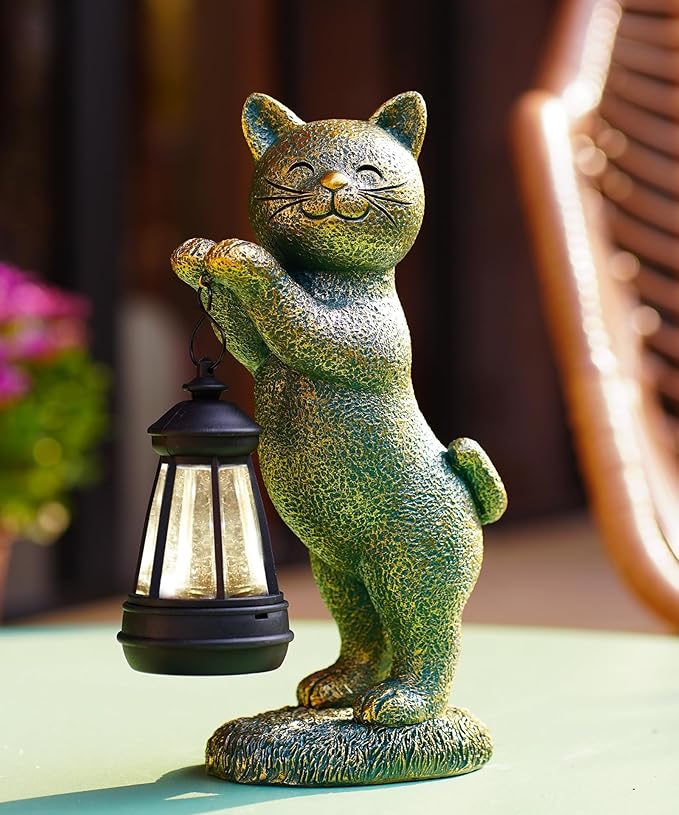Cat Statues for Garden Decor: Outdoor Sculpture with Warm Lights for Balcony Lawn Patio Yard - Gifts for Mom Grandma Women