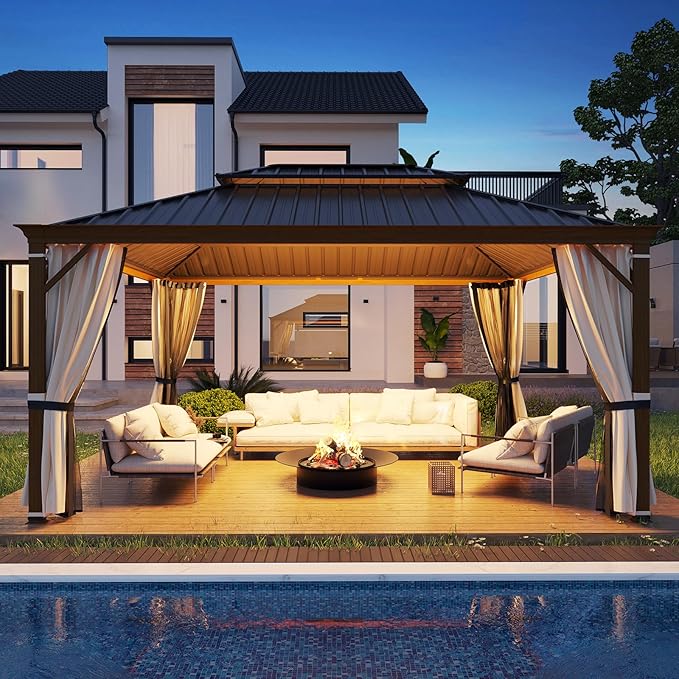 YOLENY 12'x16' Hardtop Gazebo, Wood Grain Aluminum Frame Outdoor Gazebo with Galvanized Steel Roof, Permanent Metal Pavilion with Curtains and Nettings for Patio, Backyard, Deck and Lawns