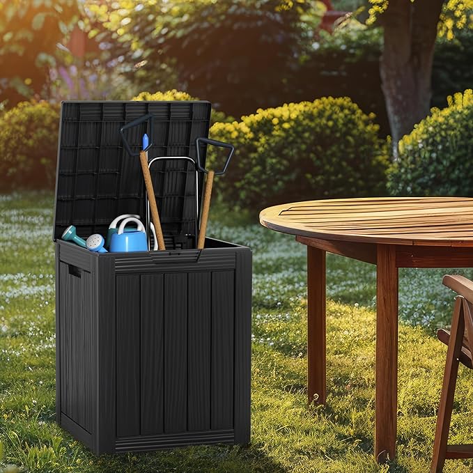 ROJIK Outdoor Storage Housing Deck Box - Waterproof Patio Furniture, Garden Tools, Cushions, Pool Accessories Storage Bench with Lockable Lid and Side Handles (Black, 28 Gal)