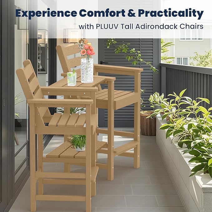 Tall Adirondack Chairs Set of 2, All Weather HDPE Poly Bar Height Balcony Adirondack Chair with Removable Double Connecting Trays, Outdoor Adirondack Barstools for Deck, Patio, Yard, Pool, Lawn