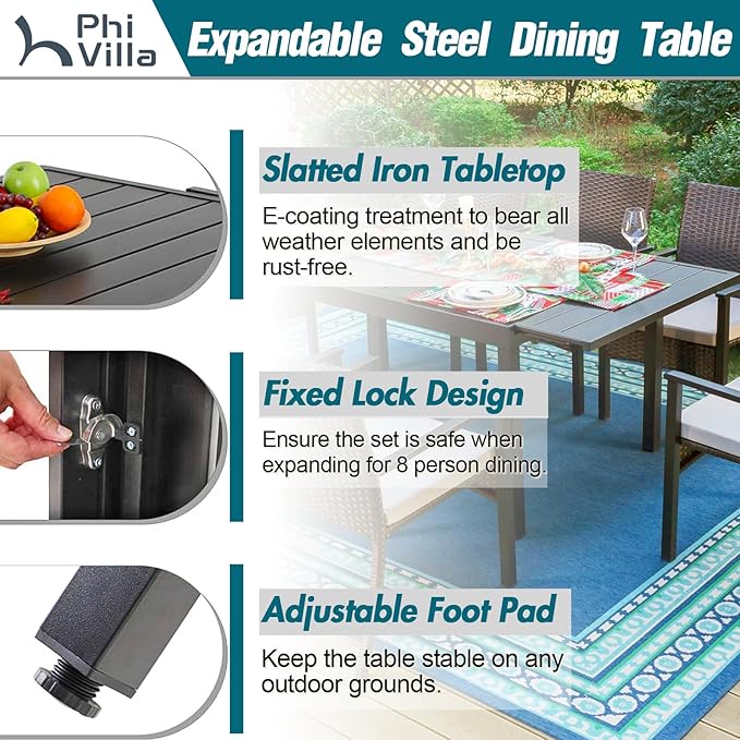 PHI VILLA 9 Piece Outdoor Dining Set for 8, Expandable Metal Dining Table & Cushioned Rattan Chairs for Patio, Deck, Yard