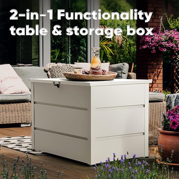 Quictent Metal Deck Box 150 Gallon Outdoor with Hydraulic Lid, Easy Assemble Waterproof Weather-Resistant Storage Bin, 660LBS Capacity for Patio/Garden/Poolside, White
