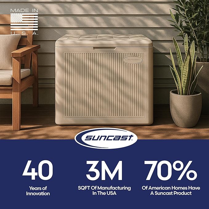 Suncast 22-Gal. Waterproof Resin Small Outdoor Patio Deck Box with Reeded Design, Modern Outdoor Patio Bench/Storage Box for Cushions, Garden Tools, and More, French Gray