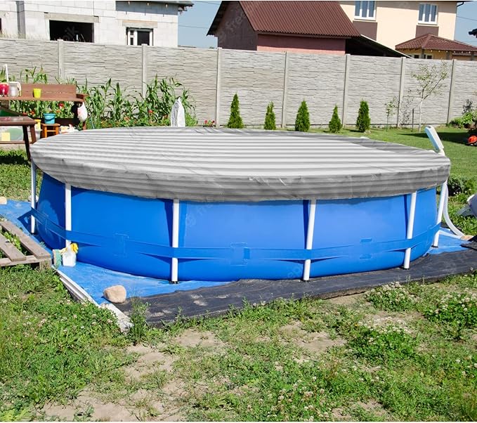 ECOOPTS 16 ft Round Pool Cover for Above Ground Pools, Swimming Pool Cover Protector Winter Safety Cover (Gray White Stripes)